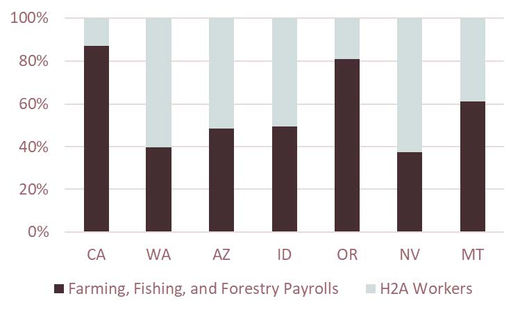 Percentage of Farm Payrolls to H2A Workers by State, 2021
