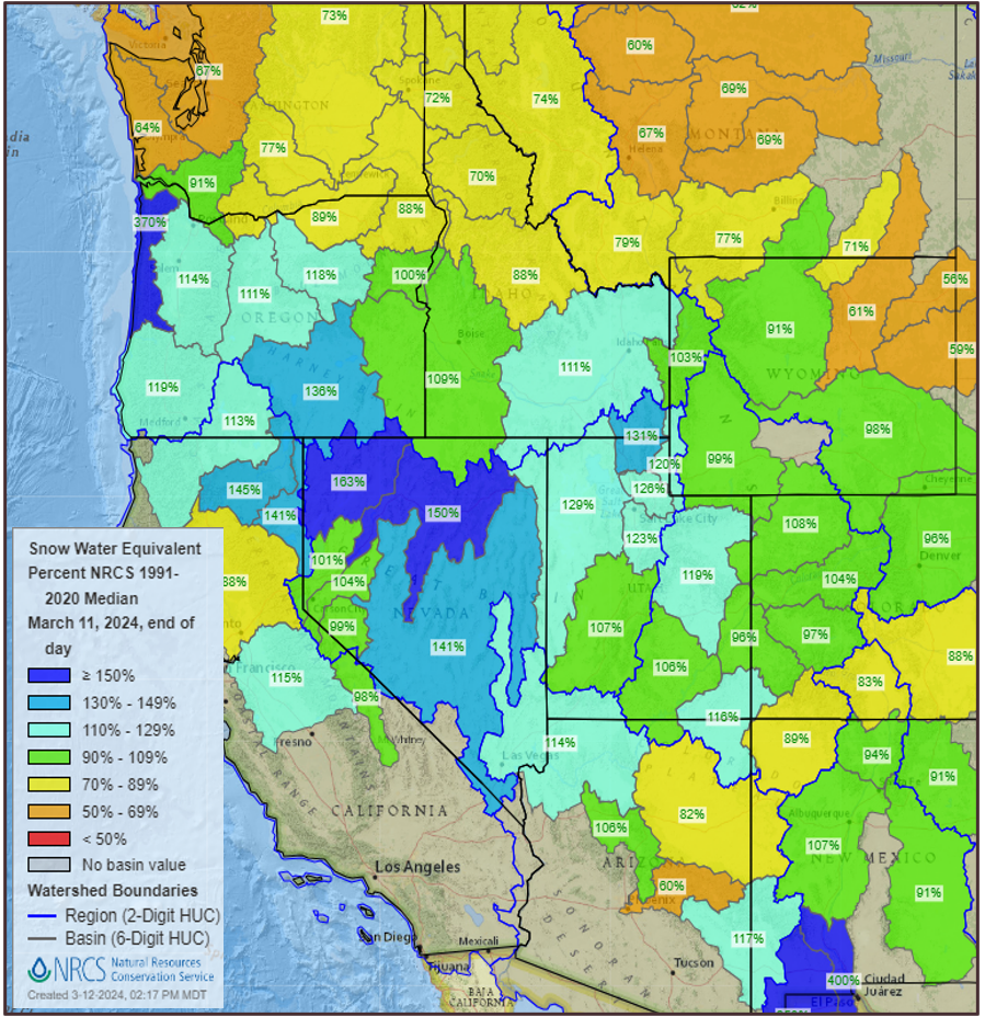 Year to Date Snow Water Equivalent, Western States