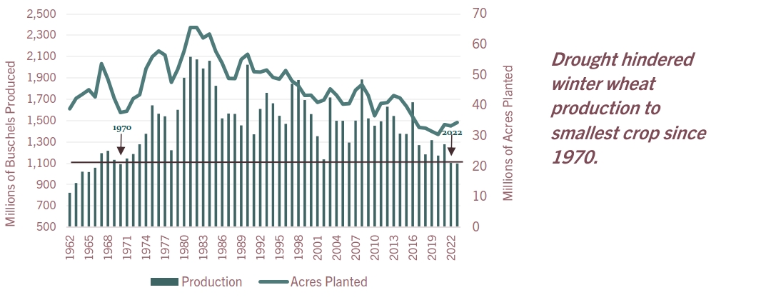 National Winter Wheat Production and Acres Planted, 1962-2022 Line Graph